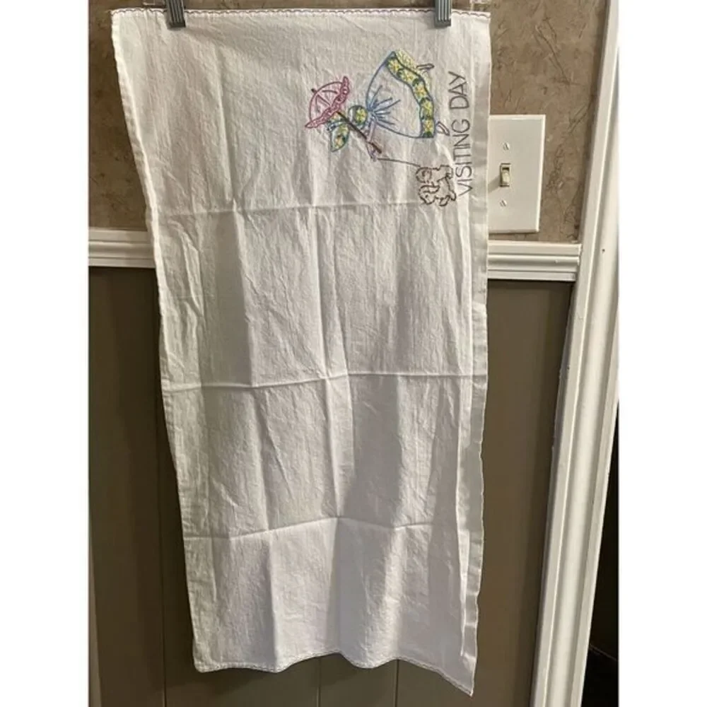 Vintage Cotten Decora Towel Embroidered'Visiting‎ Day' Girl, Dog, Parasol White